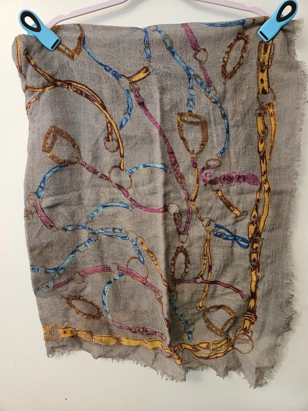 Neutral Gray Chain-Print Scarf with Gold, Blue & Pink Accents